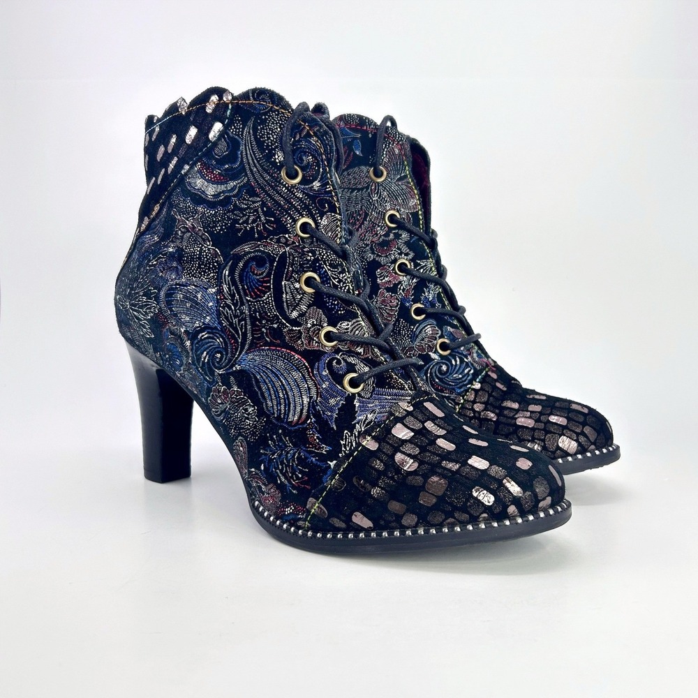 L'Artiste Spring Step Glitterail Boots 37 Floral Brocade Metallic Lace Up Heels